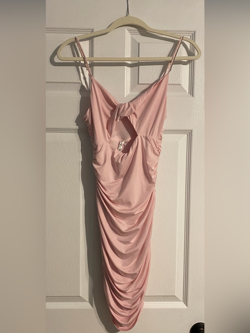 Lucy in the Sky Pink Twist Front Ruched Bodycon Mini Dress Rhinestone Straps S